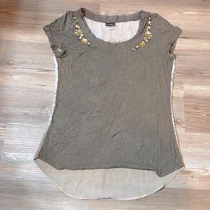 Army green cotton & sheer top with rhinestones size medium